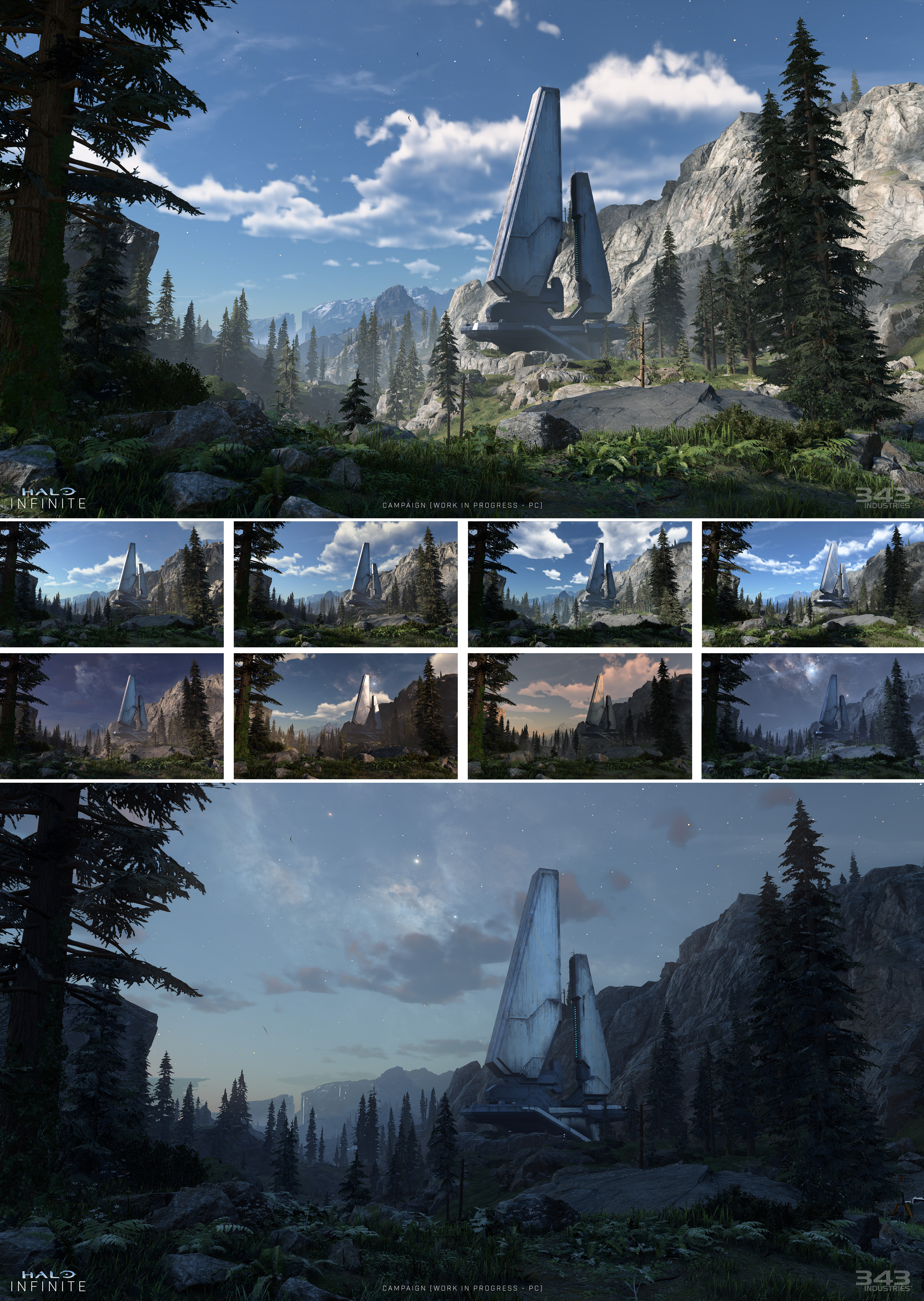 This image compilation illustrates the time-of-day lighting in Halo Infinite.