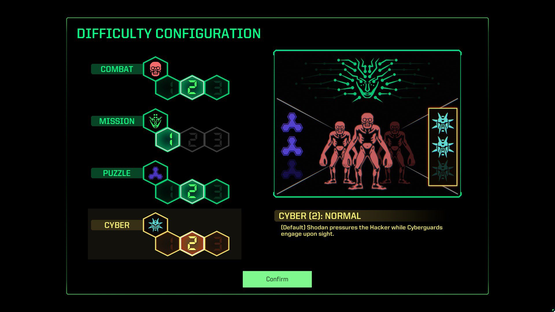You can alter the combat, mission, puzzle, and cyber difficulty in System Shock (2021).