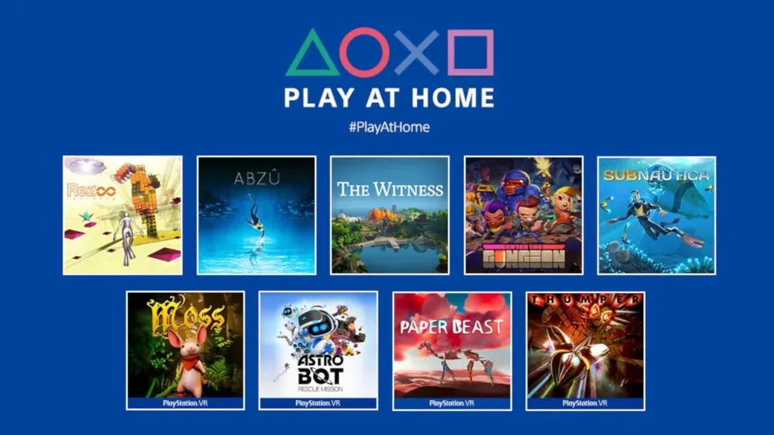 The Play At Home 2021 game list: Abzu, Enter the Gungeon, Rez Infinite, Subnautica, The Witness, Astro Bot Rescue Mission, Moss, Thumper, Paper Beast, and Horizon Zero Dawn: Complete Edition.