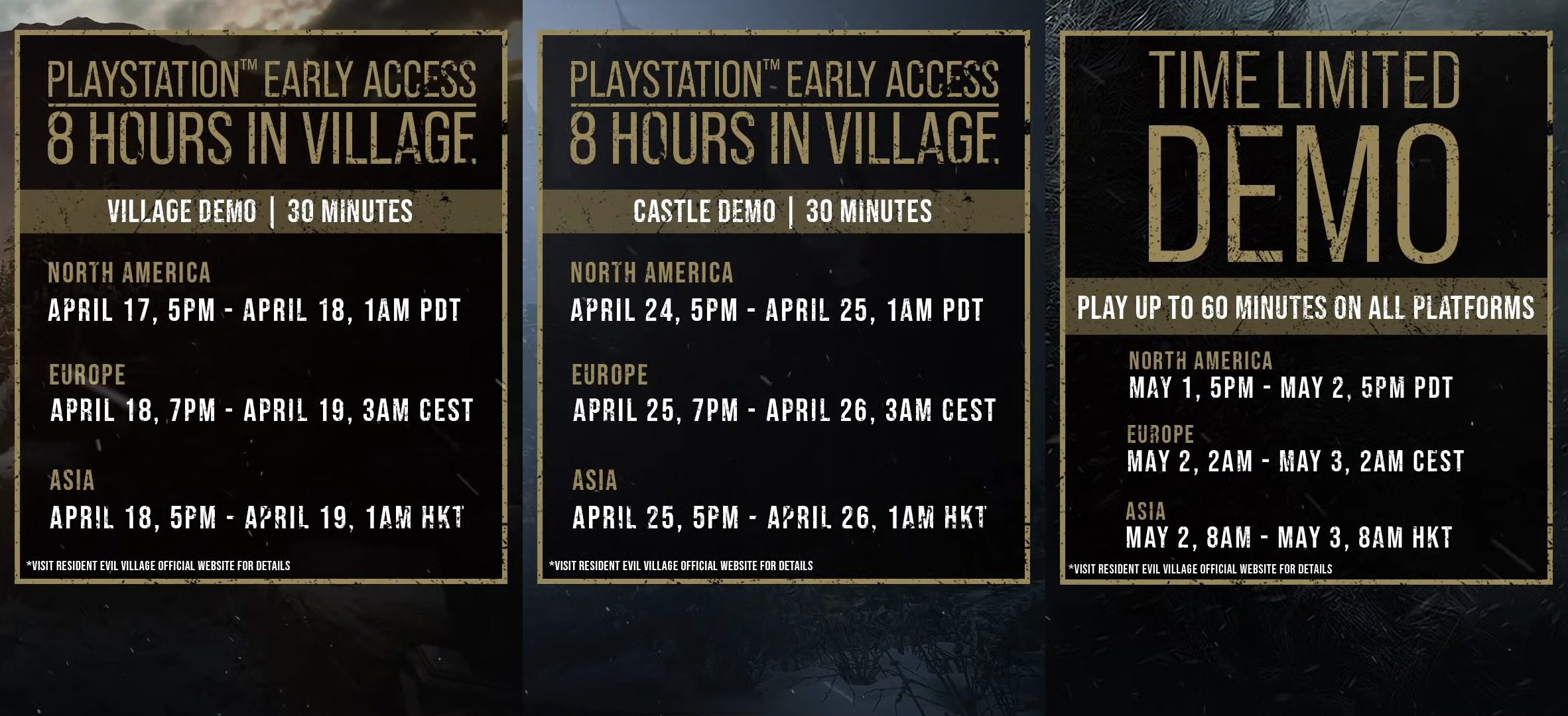 The demo schedule for Resident Evil Village.